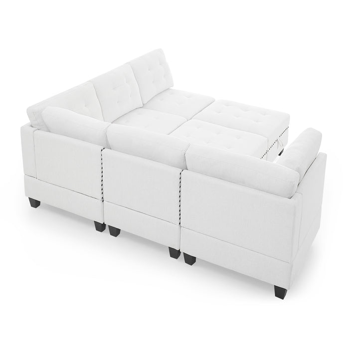 GFD Home - L shape Modular Sectional Sofa，DIY Combination，includes Three Single Chair ，Two Corner and Two Ottoman，Ivory Chenille - GreatFurnitureDeal