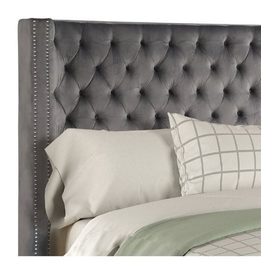 GFD Home - Galaxy Home Allen Tufted Velvet King Upholstered Bed in Gray - GreatFurnitureDeal