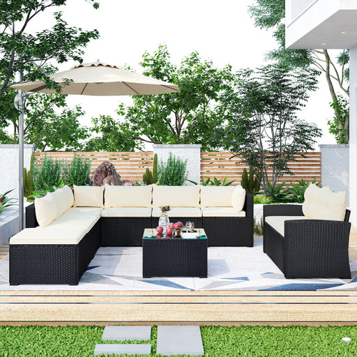 GFD Home - GO 9-piece Outdoor Patio Large Wicker Sofa Set, Rattan Sofa set for Garden, Backyard,Porch and Poolside, Black wicker, Beige Cushion - GreatFurnitureDeal