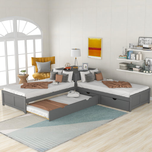 GFD Home - L-shaped Platform Bed with Trundle and Drawers Linked with built-in Desk,Twin,Gray - GreatFurnitureDeal