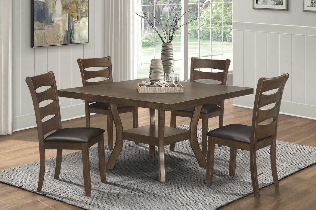 GFD Home - Transitional Dining Room Furniture 5pc Dining Set Table w Self-Storing Leaf and 4x Side Chairs Brown Finish Wooden Furniture - GreatFurnitureDeal