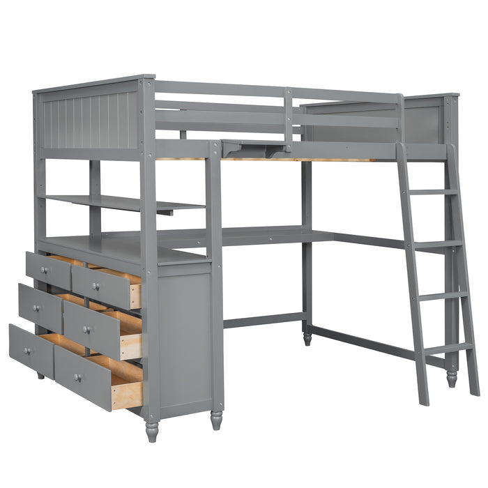 GFD Home - Full size Loft Bed with Drawers and Desk, Wooden Loft Bed with Shelves - Gray(OLD SKU:LT000529AAE) - GreatFurnitureDeal