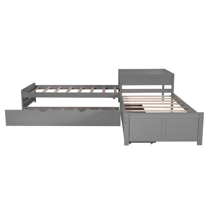 GFD Home - L-shaped Platform Bed with Trundle and Drawers Linked with built-in Desk,Twin,Gray - GreatFurnitureDeal