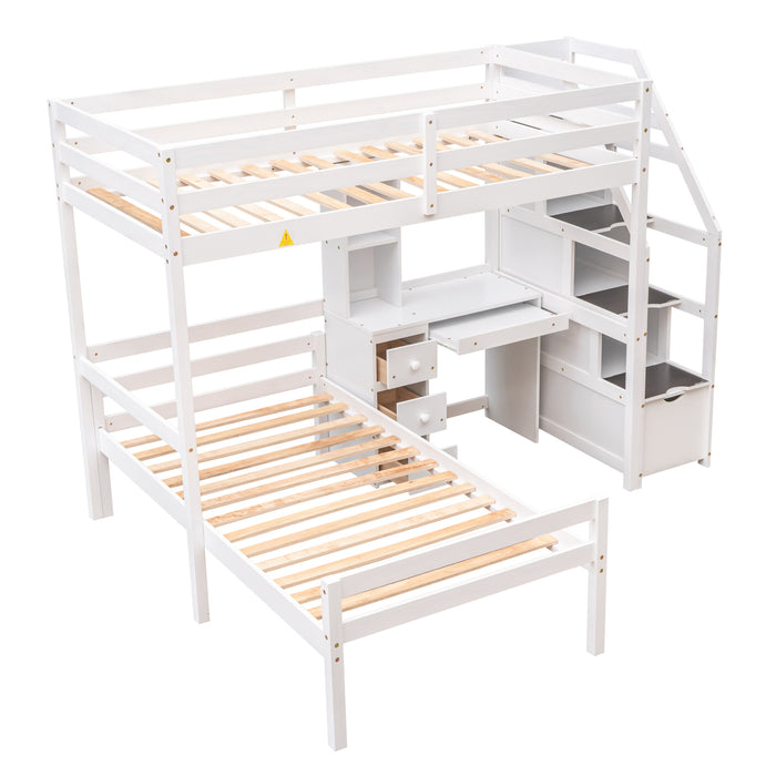 GFD Home - Twin Size Loft Bed with a Stand-alone Bed, Storage Staircase, Desk, Shelves and Drawers, White - GreatFurnitureDeal