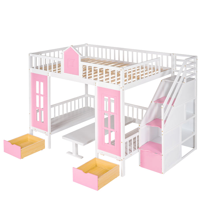 GFD Home - Full-Over-Full Bunk Bed with Changeable Table , Bunk Bed Turn into Upper Bed and Down Desk - Pink - GreatFurnitureDeal