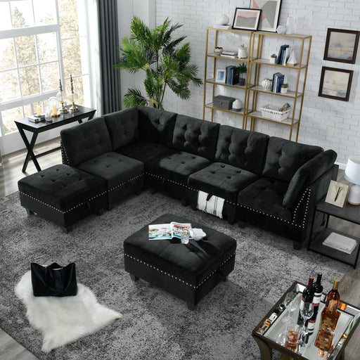 GFD Home - L shape Modular Sectional Sofa，DIY Combination，includes Three Single Chair ，Two Corner and Two Ottoman，Black Velvet. - GreatFurnitureDeal