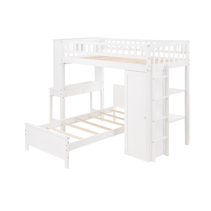 GFD Home - Twin Size Loft Bed with Closet and Desk, Extra Bottom Twin Bed, White - GreatFurnitureDeal