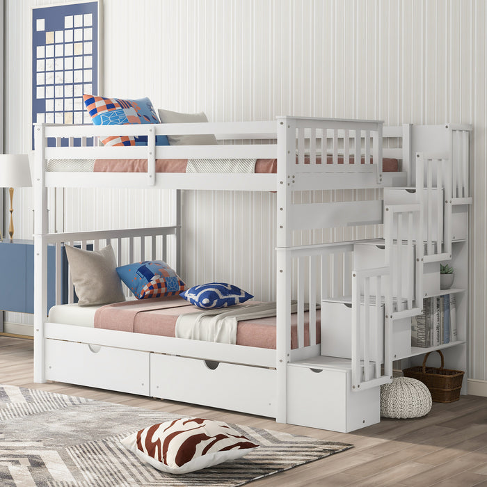 GFD Home - Full Over Full Bunk Bed with Shelves and 6 Storage Drawers, White(Old SKU：LP000046AAK) - GreatFurnitureDeal