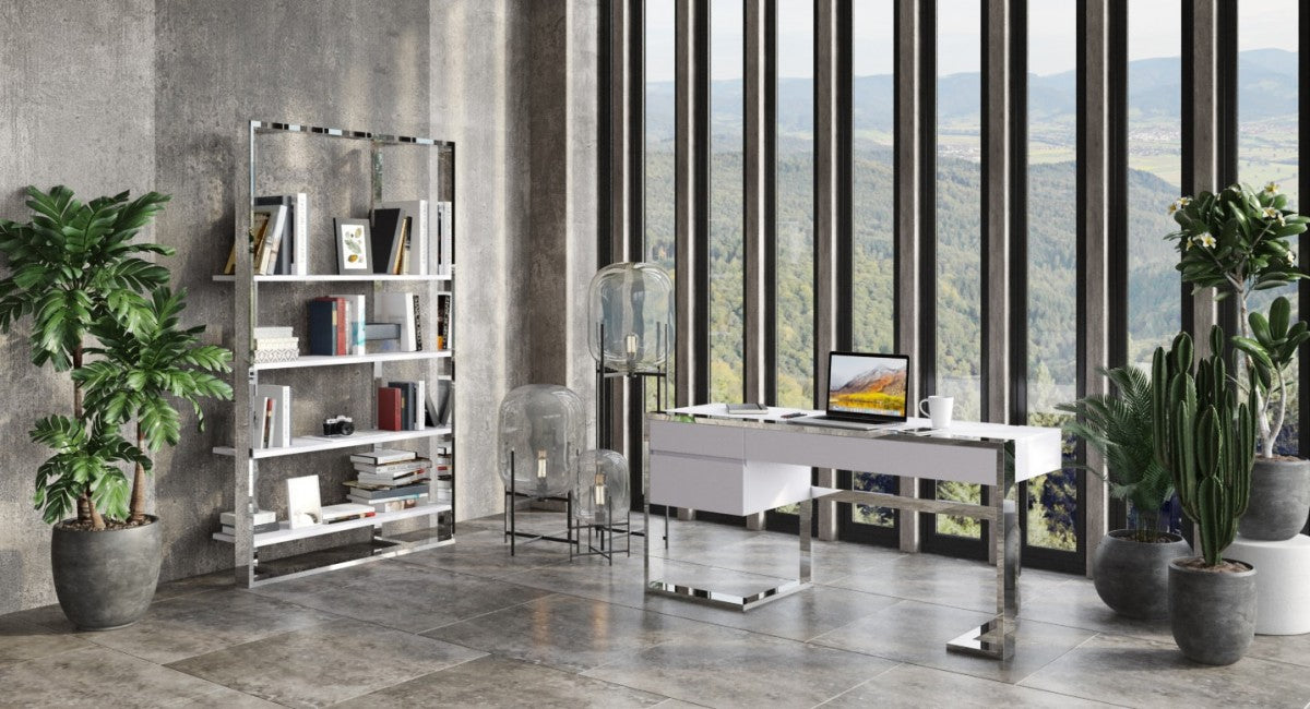 VIG Furniture - Modrest Fauna - Modern White High Gloss & Stainless Steel Desk - VGBBBN-2DK-WHT-DESK - GreatFurnitureDeal