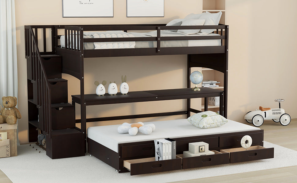 GFD Home - Stairway Twin XL Loft Bed with Twin Size Trundle and 3 Drawers, Storage, Desk, Espresso - GreatFurnitureDeal