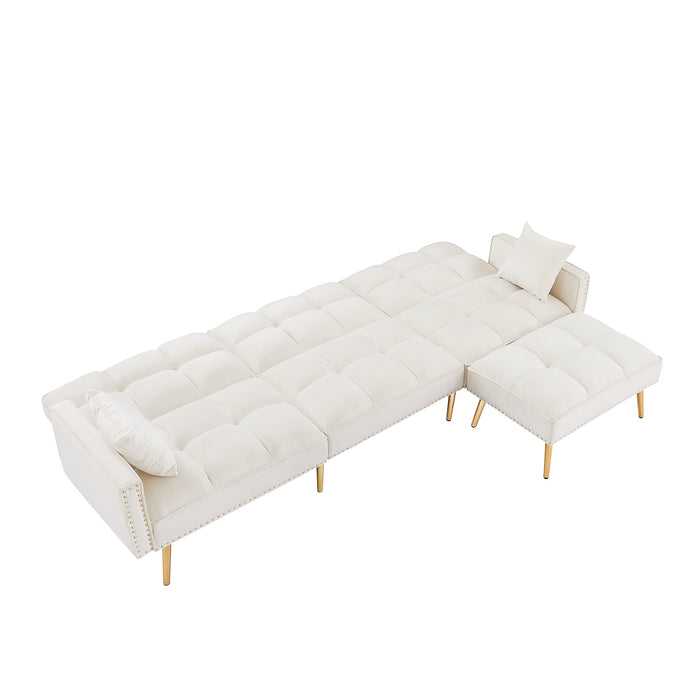 GFD Home - Cream white Velvet Upholstered Reversible Sectional Sofa Bed , L-Shaped Couch with Movable Ottoman For Living Room. - GreatFurnitureDeal