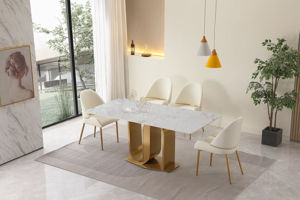 GFD House - 71" Contemporary Dining Table in Gold with Sintered Stone Top and  U shape Pedestal Base in Gold finish with 6 pcs Chairs . - GreatFurnitureDeal