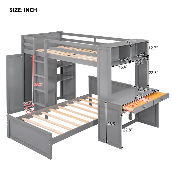 GFD Home - Twin size Loft Bed with a Stand-alone bed, Shelves,Desk,and Wardrobe-Gray - GreatFurnitureDeal