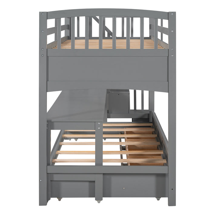 GFD Home - Stairway Twin XL Loft Bed with Twin Size Trundle and 3 Drawers, Storage, Desk, Gray - GreatFurnitureDeal