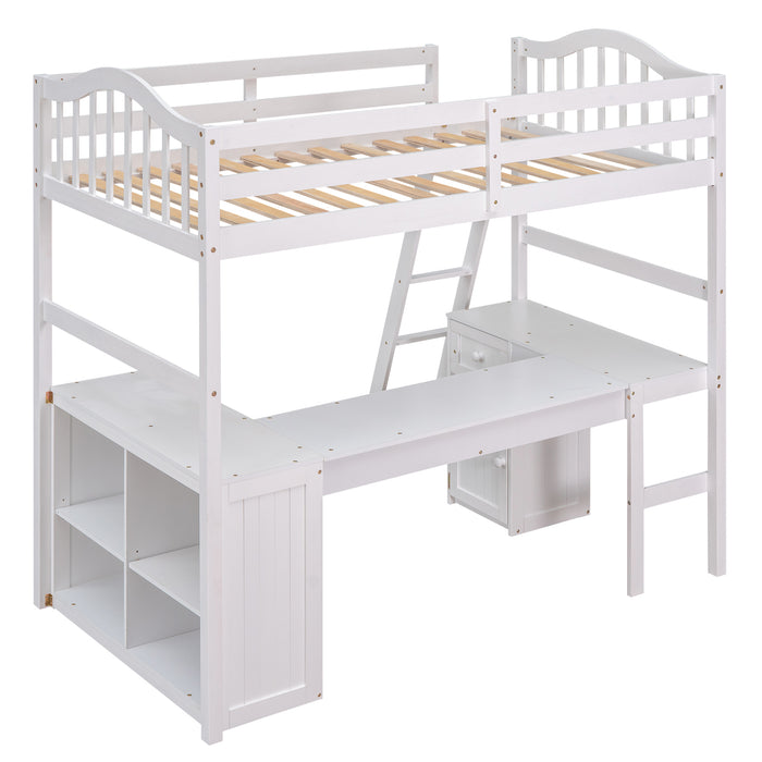 GFD Home - Twin size Loft Bed with Drawers, Cabinet, Shelves and Desk, Wooden Loft Bed with Desk - White(OLD SKU :LT000505AAK) - GreatFurnitureDeal