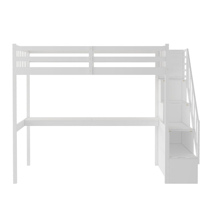 GFD Home - Twin Size Loft Bed with Staircase and Built-in Desk ,White - GreatFurnitureDeal