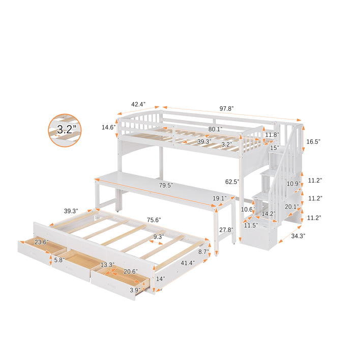 GFD Home - Stairway Twin XL Loft Bed with Twin Size Trundle and 3 Drawers, Storage, Desk, White - GreatFurnitureDeal