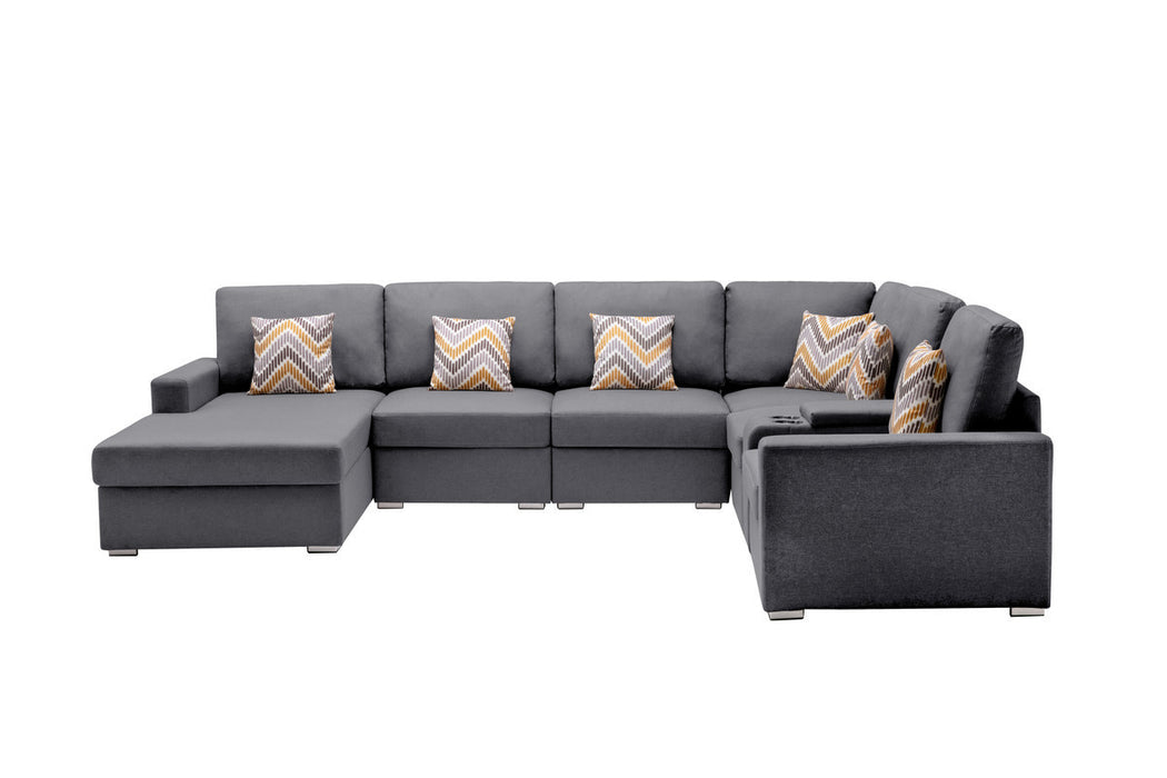 GFD Home - Nolan Gray Linen Fabric 7Pc Reversible Chaise Sectional Sofa with a USB, Charging Ports, Cupholders, Storage Console Table and Pillows and Interchangeable Legs - GreatFurnitureDeal
