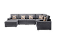 GFD Home - Nolan Gray Linen Fabric 7Pc Reversible Chaise Sectional Sofa with a USB, Charging Ports, Cupholders, Storage Console Table and Pillows and Interchangeable Legs - GreatFurnitureDeal