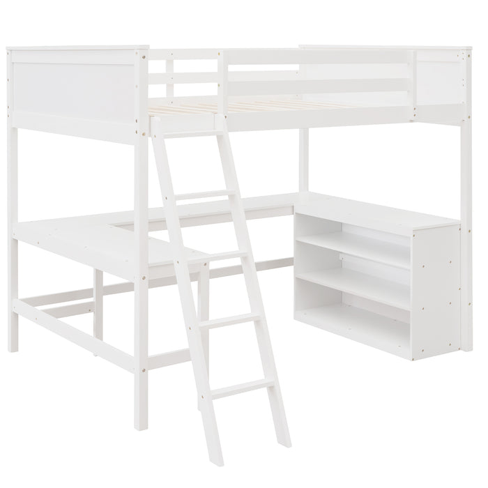 GFD Home - Full size Loft Bed with Shelves and Desk, Wooden Loft Bed with Desk - White - GreatFurnitureDeal