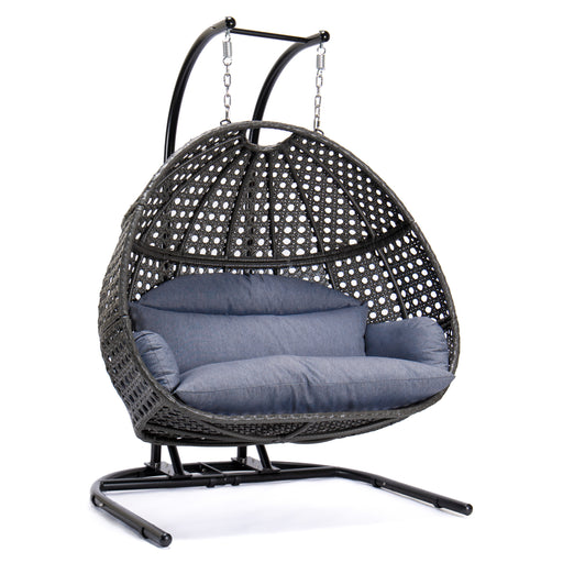 GFD Home - Charcoal Wicker Hanging Double-Seat Swing Chair with Stand w/Dust Blue Cushion - GreatFurnitureDeal