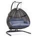 GFD Home - Charcoal Wicker Hanging Double-Seat Swing Chair with Stand w/Dust Blue Cushion - GreatFurnitureDeal