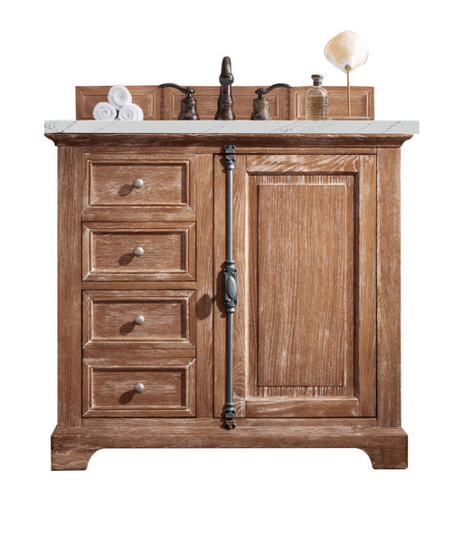James Martin Furniture - Providence 36" Single Vanity Cabinet, Driftwood, w/ 3 CM Ethereal Noctis Quartz Top - 238-105-5511-3ENC - GreatFurnitureDeal