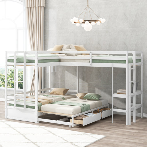 GFD Home - Twin over Twin/King Size L-Shaped Bunk Bed with Built-in Desk and Two Drawers,White - GreatFurnitureDeal