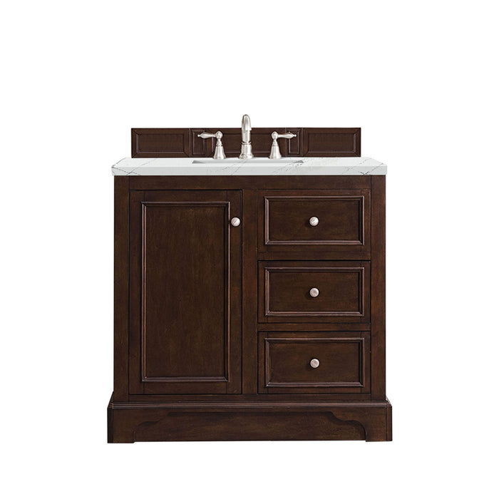 James Martin Furniture - De Soto 36" Single Vanity, Burnished Mahogany, w/ 3 CM Ethereal Noctis Quartz Top - 825-V36-BNM-3ENC - GreatFurnitureDeal