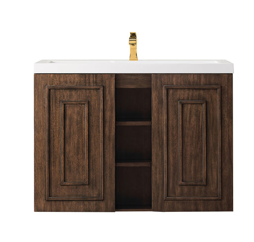 James Martin Furniture - Alicante' 39.5" Single Vanity Cabinet, Mid Century Acacia w/ White Glossy Composite Countertop - E110V39.5MCAWG - GreatFurnitureDeal