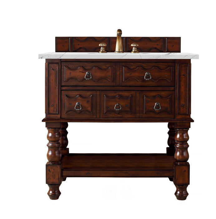 James Martin Furniture - Castilian 36" Single Vanity Cabinet, Aged Cognac, w/ 3 CM Ethereal Noctis Quartz Top - 160-V36-ACG-3ENC