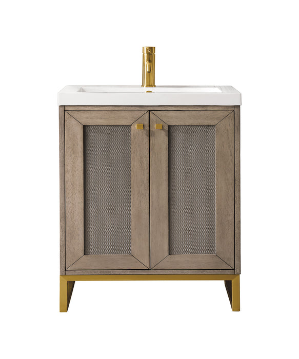 James Martin Furniture - Chianti 24" Single Vanity Cabinet, Whitewashed Walnut, Radiant Gold, w/ White Glossy Composite Countertop - E303V24WWRGDWG