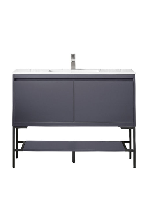 James Martin Furniture - Milan 47.3" Single Vanity Cabinet, Modern Grey Glossy, Matte Black w-Glossy White Composite Top - 801V47.3MGGMBKGW - GreatFurnitureDeal