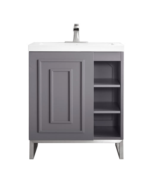 James Martin Furniture - Alicante' 24" Single Vanity Cabinet, Grey Smoke, Brushed Nickel w/White Glossy Composite Countertop - E110V24GSMBNKWG - GreatFurnitureDeal