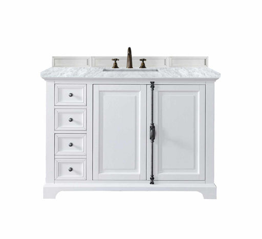 James Martin Furniture - Providence 48" Bright White Single Vanity w- 3 CM Carrara Marble Top - 238-105-V48-BW-3CAR - GreatFurnitureDeal