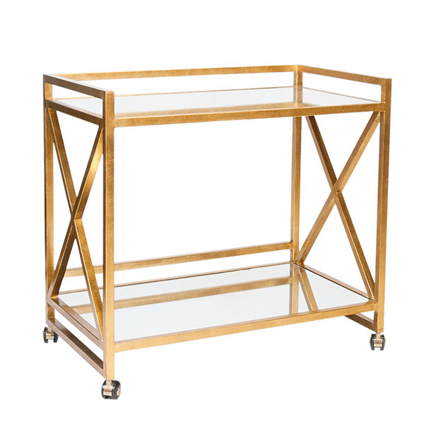 Worlds Away - Gold leafed "x" Bar Cart with Mirrored Tops - GERARD G