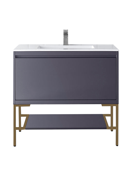 James Martin Furniture - Milan 35.4" Single Vanity Cabinet, Modern Grey Glossy, Radiant Gold w/Glossy White Composite Top - 801V35.4MGGRGDGW - GreatFurnitureDeal