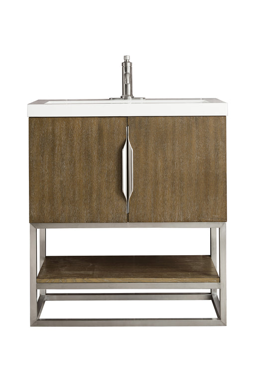 James Martin Furniture - Columbia 31.5" Single Vanity Cabinet, Latte Oak, Brushed Nickel, w/ White Glossy Composite Countertop - 388V31.5LTOBNKWG - GreatFurnitureDeal