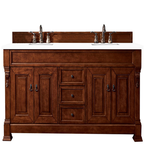 James Martin Furniture - Brookfield 72" Warm Cherry Double Vanity w- 3 CM Classic White Quartz Top - 147-114-5781-3CLW - GreatFurnitureDeal