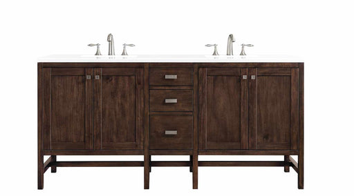 James Martin Furniture - Addison 72" Double Vanity Cabinet, Mid Century Acacia, w- 3 CM Classic White Quartz Top - E444-V72-MCA-3CLW - GreatFurnitureDeal