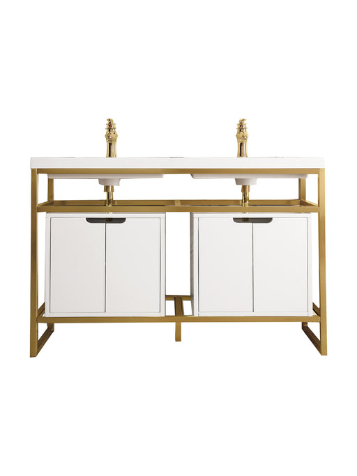 James Martin Furniture - Boston 47" Stainless Steel Sink Console (Double Basins), Radiant Gold w/ Glossy White Storage Cabinet, White Glossy Composite Countertop - C105V47RGDSCGWWG - GreatFurnitureDeal