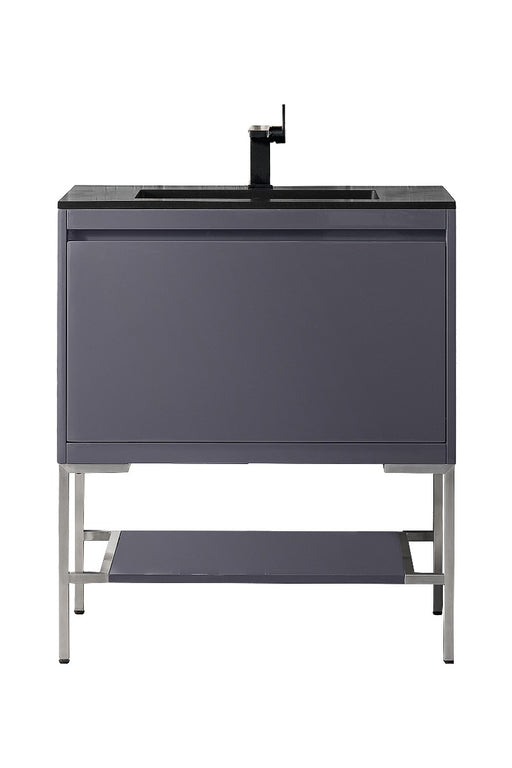 James Martin Furniture - Milan 31.5" Single Vanity Cabinet, Modern Grey Glossy, Brushed Nickel w-Charcoal Black Composite Top - 801V31.5MGGBNKCHB - GreatFurnitureDeal