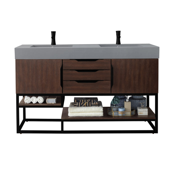 James Martin Furniture - Columbia 59" Double Vanity, Coffee Oak, Matte Black w/ Dusk Grey Glossy Composite Top - 388-V59D-CFO-MB-DGG