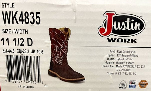 Justin Men's Derrickman Comp Ostrich Print Comp Toe Boot Brown - Size 11.5 WK4835 - GreatFurnitureDeal