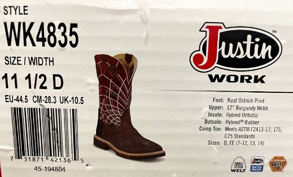 Boot Width Chart What Is 12 Ee Shoe Size Justin Men's Derrickman