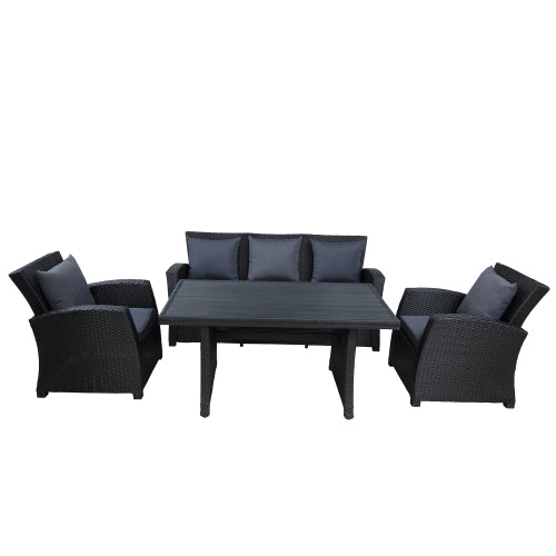 GFD Home - Patio Furniture Set 4-Piece Conversation Set Black Wicker Furniture Sofa Set with Dark Grey Cushions - WY000055AAB