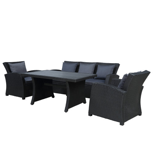 GFD Home - Patio Furniture Set 4-Piece Conversation Set Black Wicker Furniture Sofa Set with Dark Grey Cushions - WY000055AAB - GreatFurnitureDeal