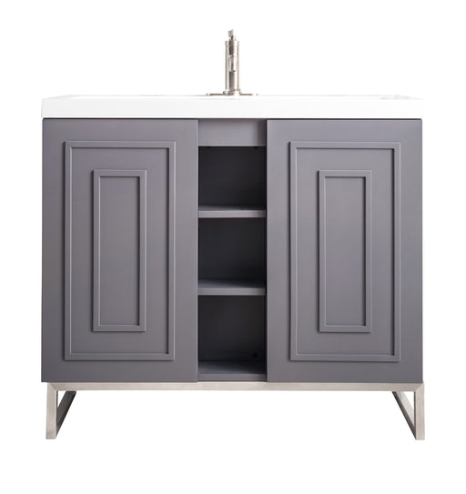 James Martin Furniture - Alicante' 39.5" Single Vanity Cabinet, Grey Smoke, Brushed Nickel w/White Glossy Composite Countertop - E110V39.5GSMBNKWG - GreatFurnitureDeal