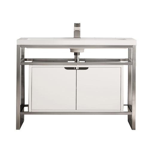 James Martin Furniture - Boston 31.5" Stainless Steel Sink Console, Brushed Nickel w/ Glossy White Storage Cabinet, White Glossy Composite Countertop - C105V31.5BNKSCGWWG - GreatFurnitureDeal