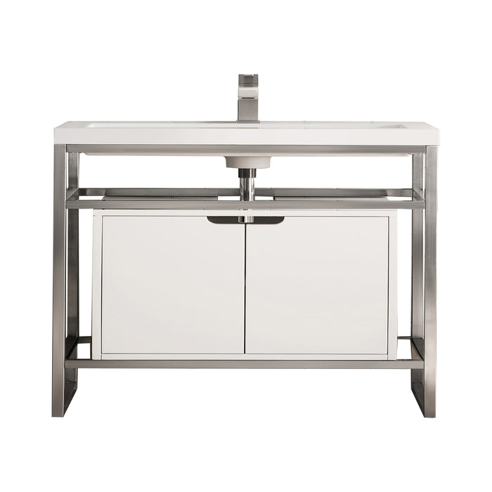 James Martin Furniture - Boston 31.5" Stainless Steel Sink Console, Brushed Nickel w/ Glossy White Storage Cabinet, White Glossy Composite Countertop - C105V31.5BNKSCGWWG